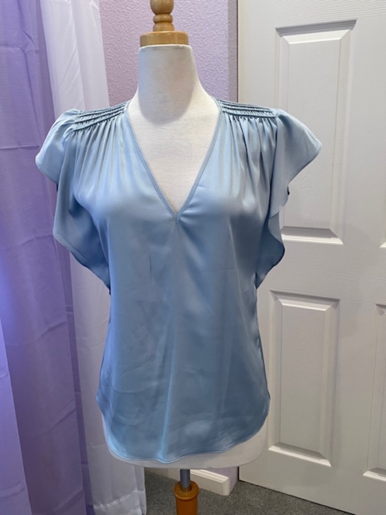 Whbm Satin Flutter Sleeve V Neck Blouse Size Xs Baby Blue